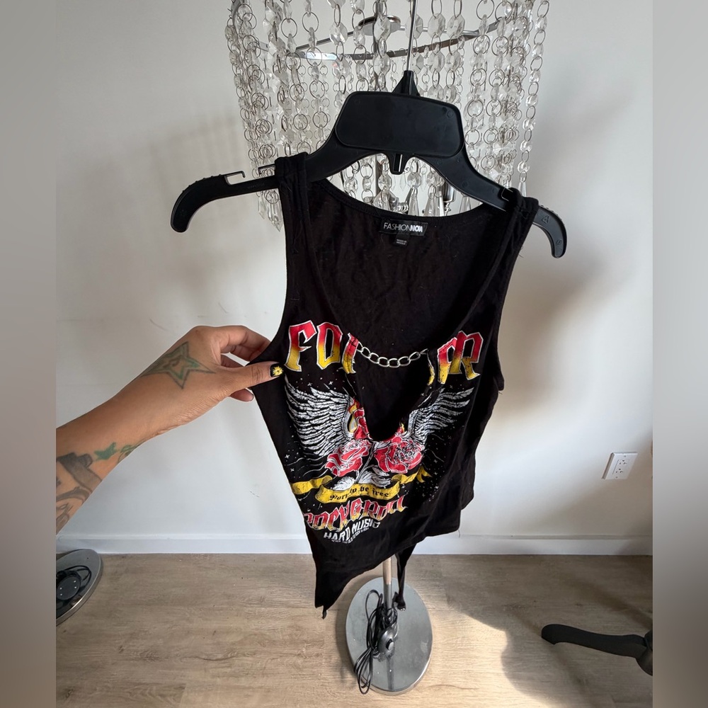 Fashion Nova Black Tank Top with Red & Yellow Graphic and Chain Accent